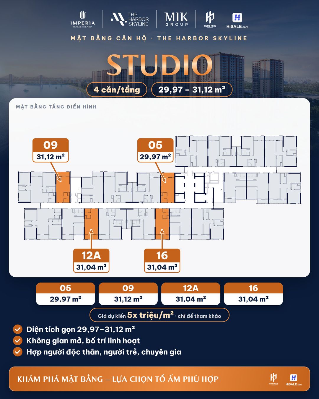 Mặt bằng, diện tích và giá dự kiến căn Studio